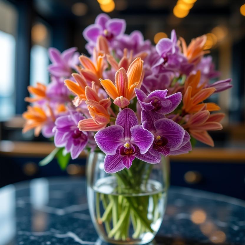 Bespoke orchid arrangement in a luxury yacht salon