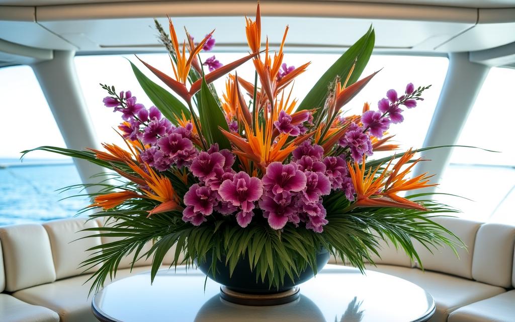 Exotic tropical floral arrangement in a yacht saloon